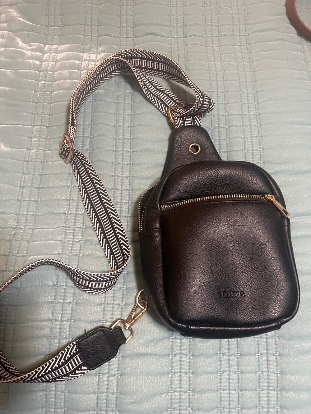 Black Crossbody Sling Bag with Patterned Strap